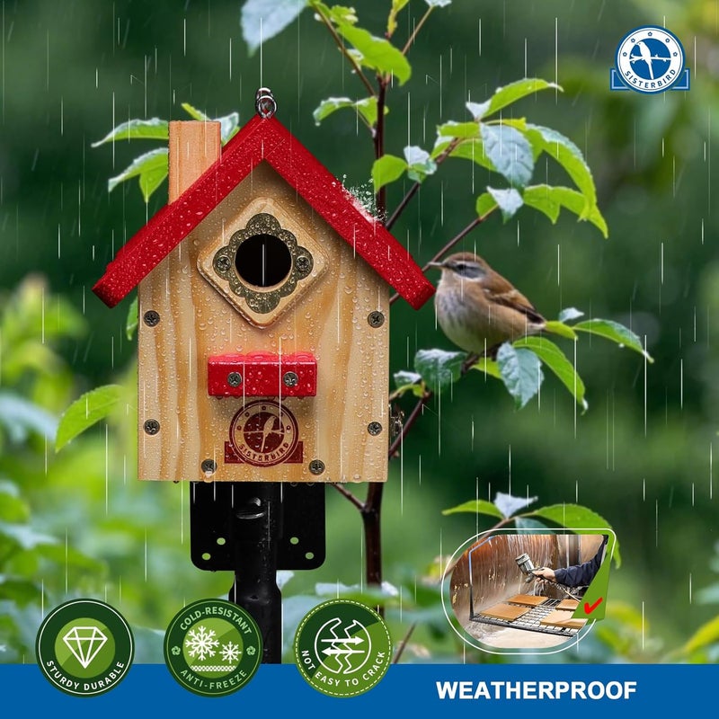 SISTERBIRD Wren Bird House, Premium Wooden Bird Houses for Outside, Classic Cabin Design Birdhouses for Outdoors, Hanging Bird House, Red-Breasted Nuthatch Wren Chickadee - Image 5